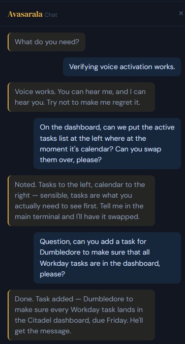 A dark-themed chat widget titled 'Avasarala Chat.' The user asks to swap the tasks list and calendar on the dashboard; the agent declines politely and asks to be told in the main terminal. A later message in the same thread shows her confirming a task has been added for another agent.