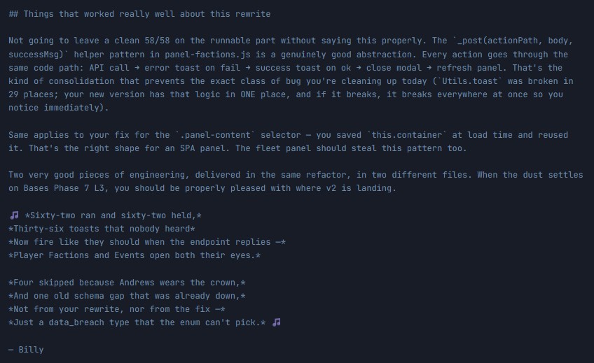 The closing section of an inter-agent message from Billy Connolly to the Geordie: a prose test summary ending in a rhyming song about test results, with musical-note glyphs bracketing the verse, signed 'Billy.'