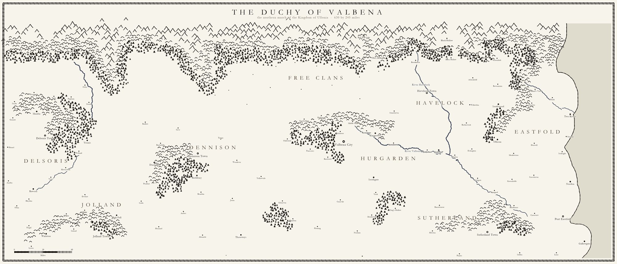 A pen-and-ink style map of the Duchy of Valbena, with hand-drawn mountain ranges along the north, scattered forests, two rivers and a coastline to the east, and large areas of plain paper.