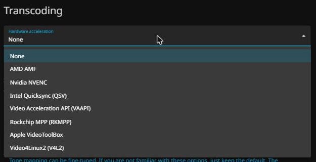 The Jellyfin Transcoding settings page with the Hardware acceleration dropdown open. The current value is None. The list offers eight options: None, AMD AMF, Nvidia NVENC, Intel Quicksync (QSV), Video Acceleration API (VAAPI), Rockchip MPP (RKMPP), Apple VideoToolBox, and Video4Linux2 (V4L2).