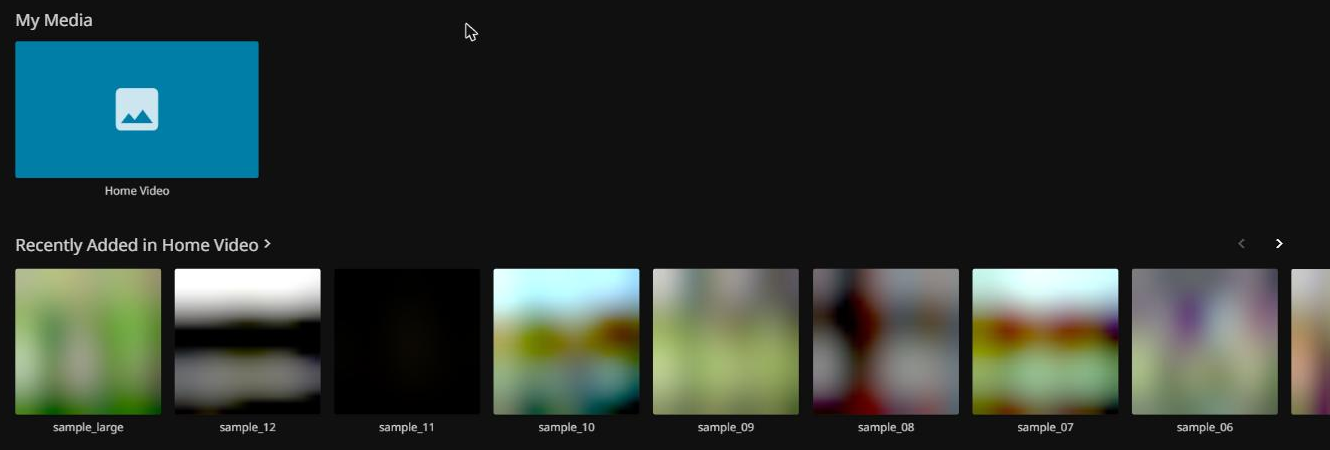 The Jellyfin home screen after the scan. A single library tile labelled Home Video, and a Recently Added row showing nine of the thirteen scanned files as thumbnails with their filenames beneath: sample_large, sample_12, sample_11, sample_10, sample_09, sample_08, sample_07, sample_06 and one more partly off-screen.