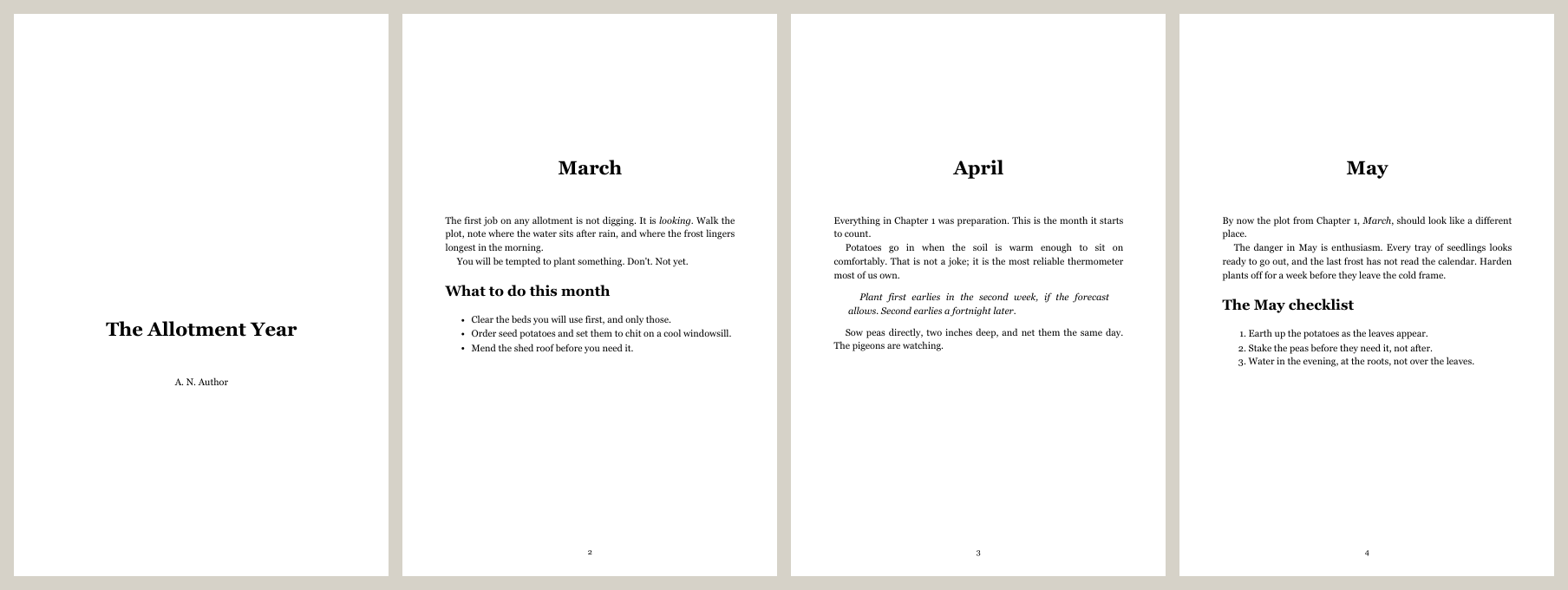 Four 6 by 9 inch pages side by side: a title page reading The Allotment Year by A. N. Author, then three chapter openings titled March, April and May, each starting a third of the way down a new page, with justified text and a centred page number at the foot.